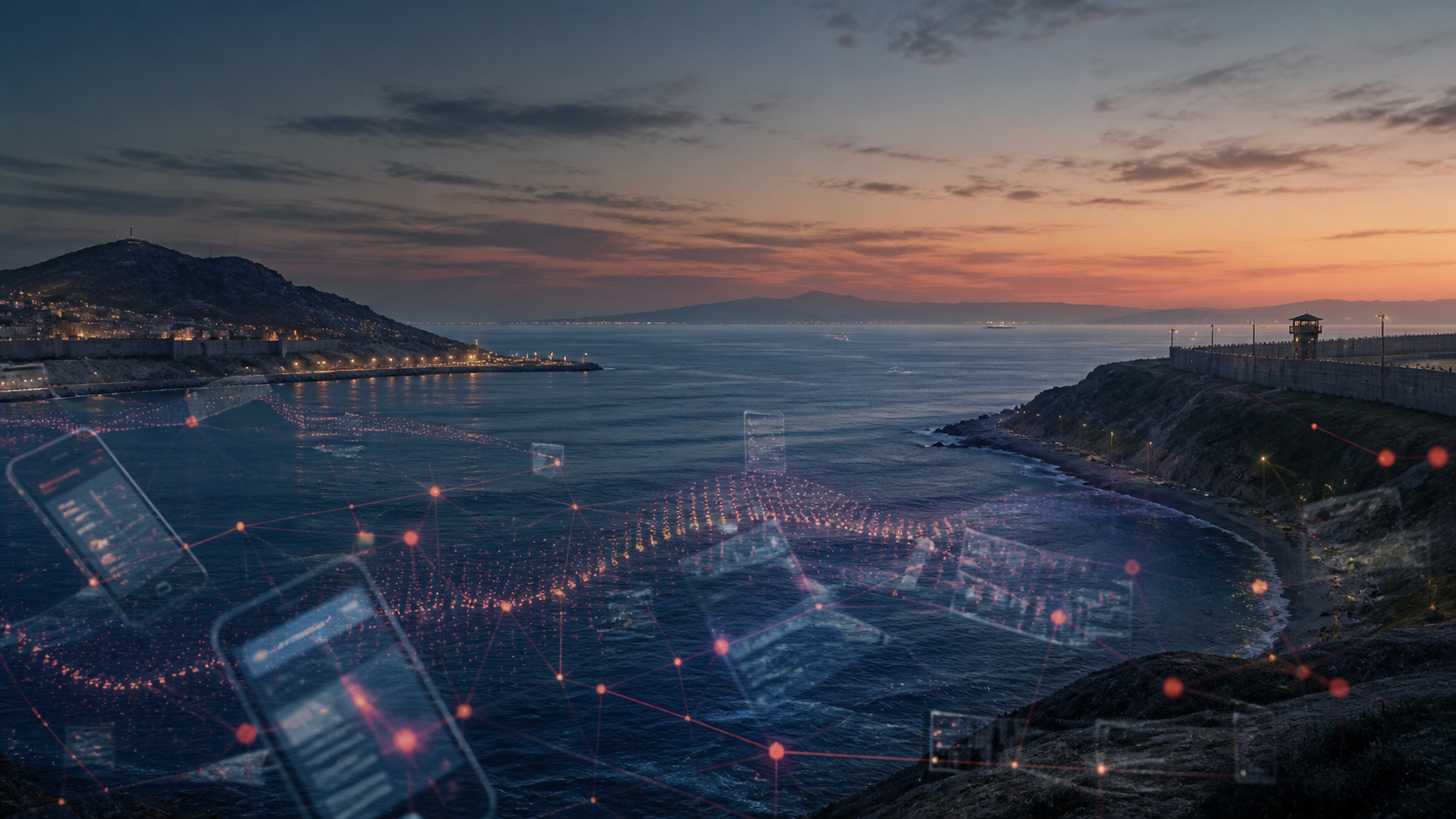 Conceptual editorial illustration of the Ceuta coastline with digital network signals over the Strait