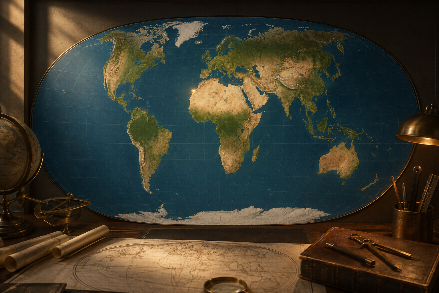 Editorial cartography illustration showing Africa prominently on an equal-area style world map