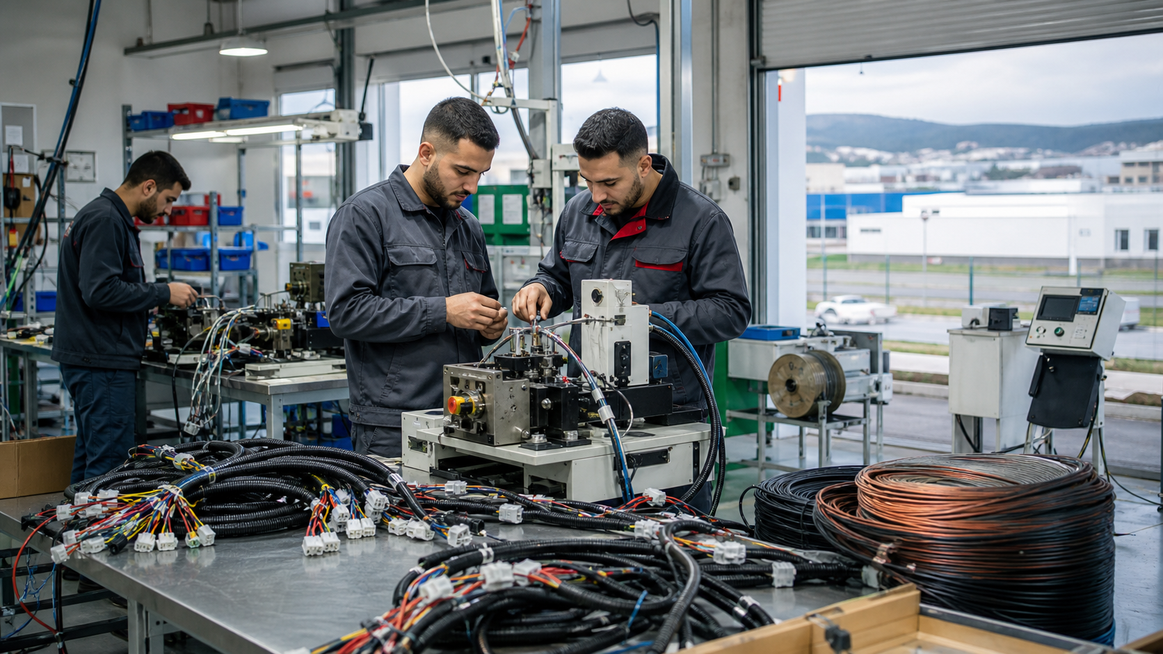 Technicians assemble and inspect automotive wire-harness processing equipment in a Tangier workshop