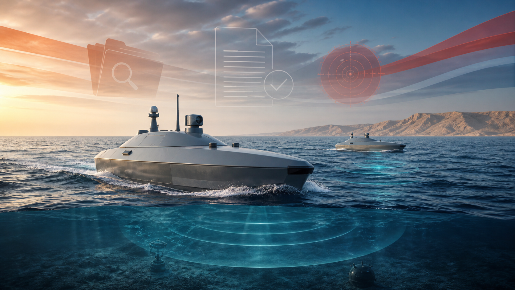 Conceptual illustration of two autonomous naval vessels using sonar during an export-control review