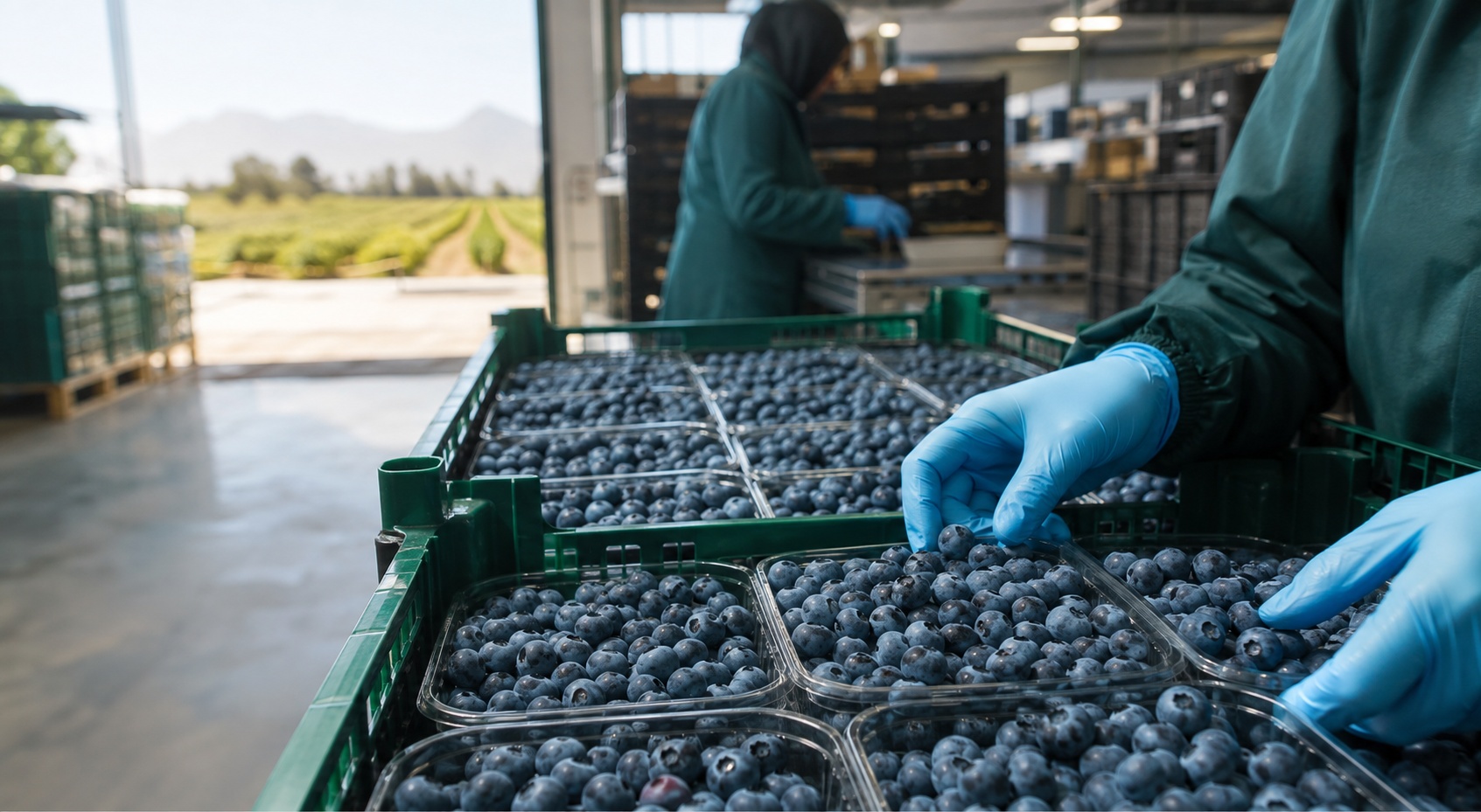 Fresh Moroccan blueberries being inspected and packed for export in a modern facility