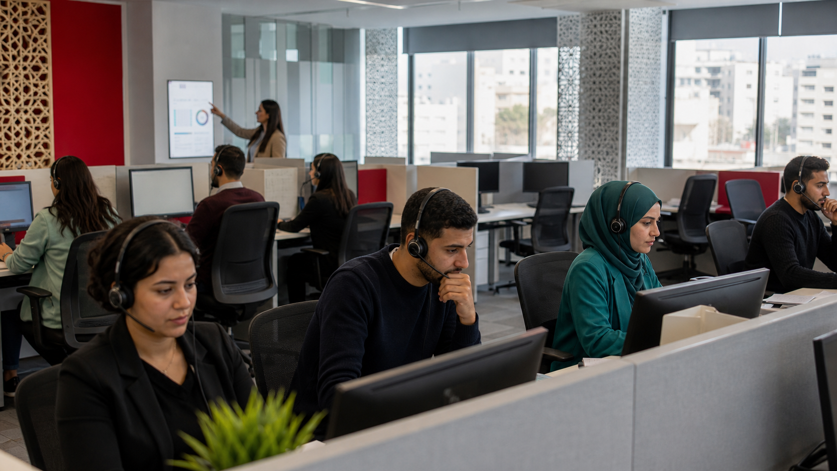 Conceptual editorial image of customer-service employees working in a Casablanca contact centre