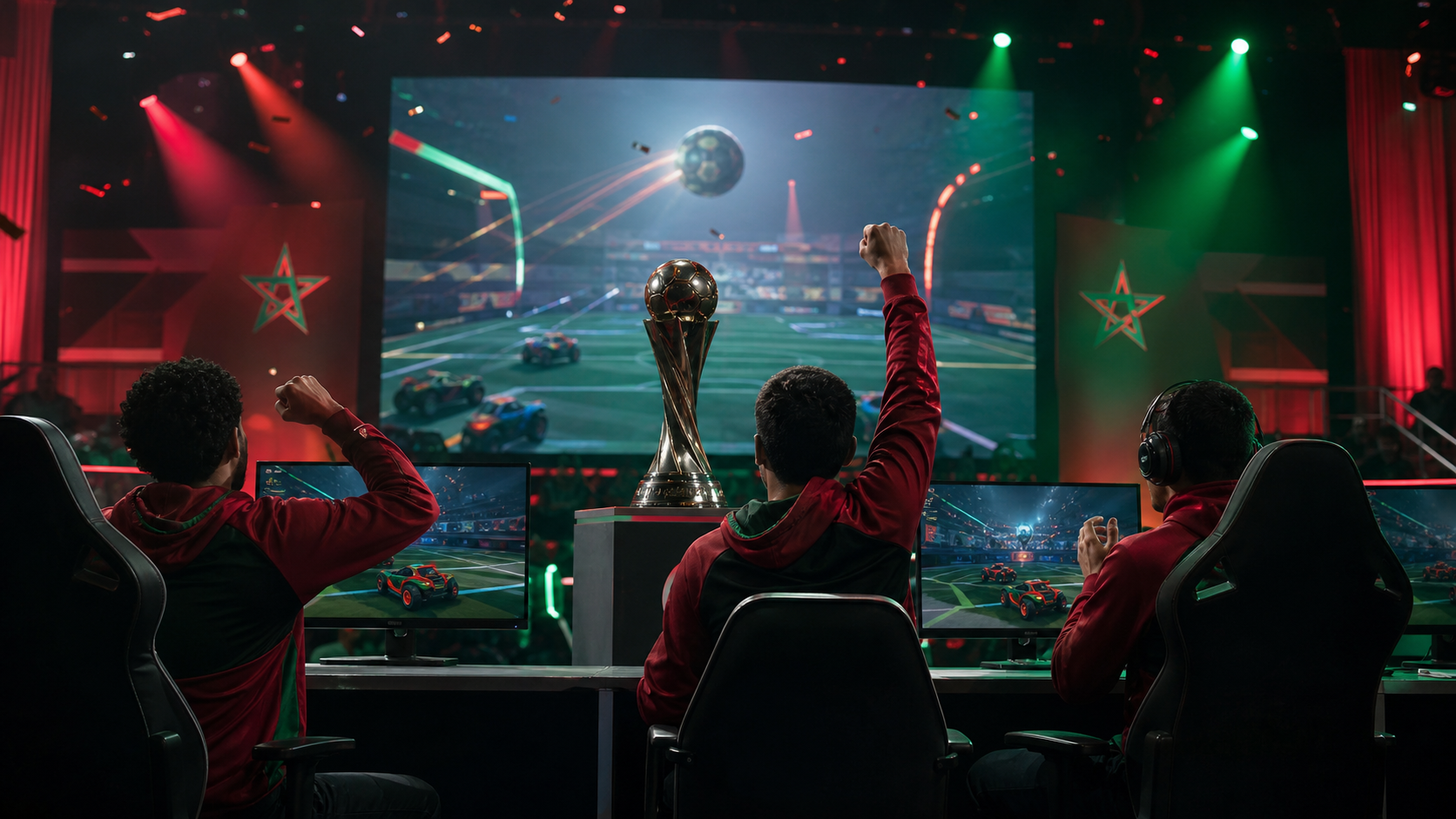 Three Moroccan esports competitors celebrate an African championship victory at their gaming stations