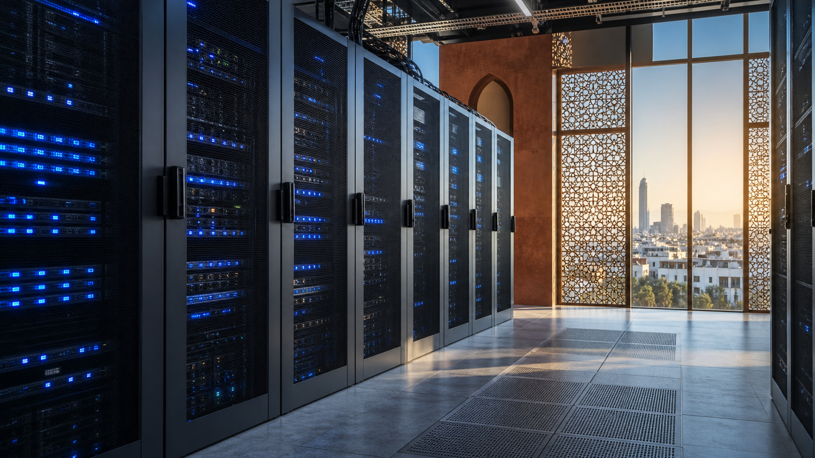 Secure data centre infrastructure in Morocco with Casablanca visible beyond the server room