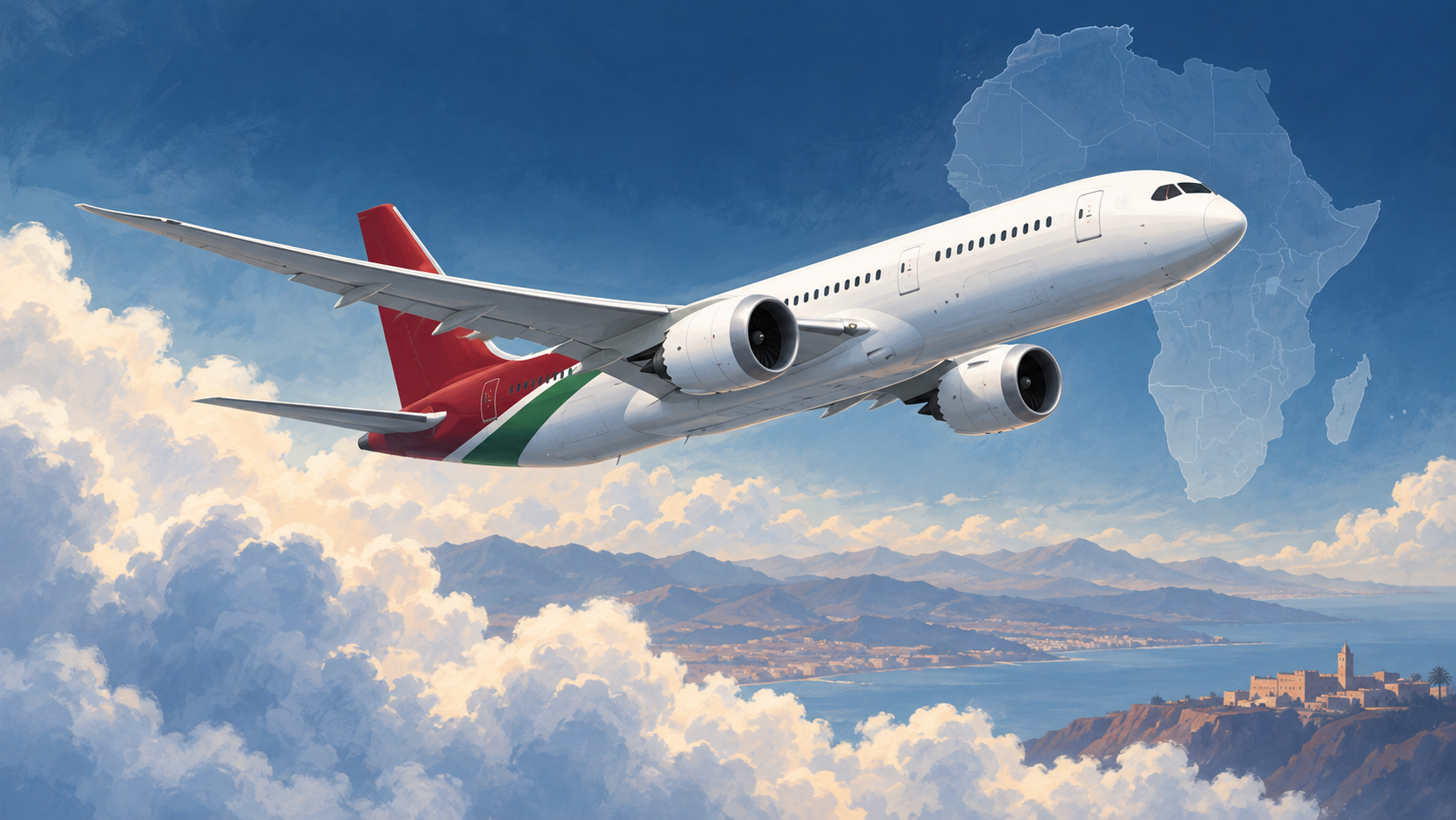 AI-generated illustration of a passenger aircraft above clouds with an outline of Africa.