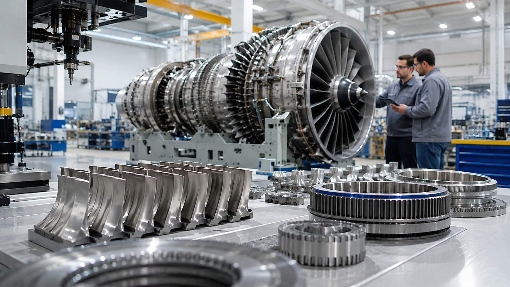 Aerospace engineers inspecting aircraft engine components in a modern factory