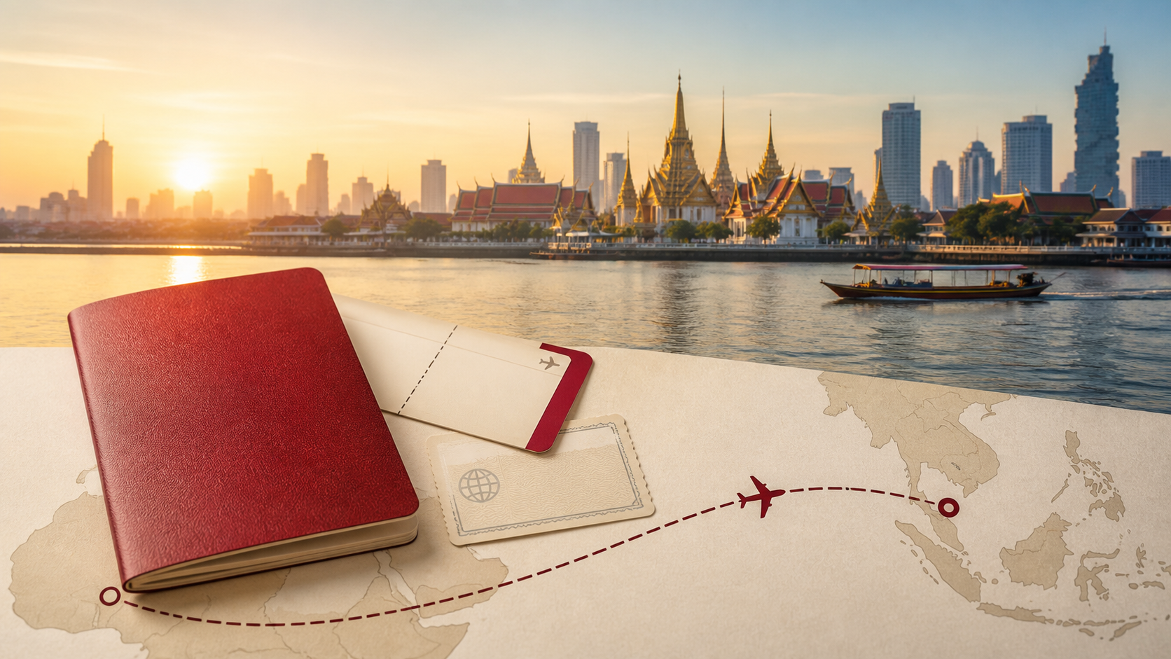 Conceptual illustration of a Moroccan travel passport and flight route to Bangkok